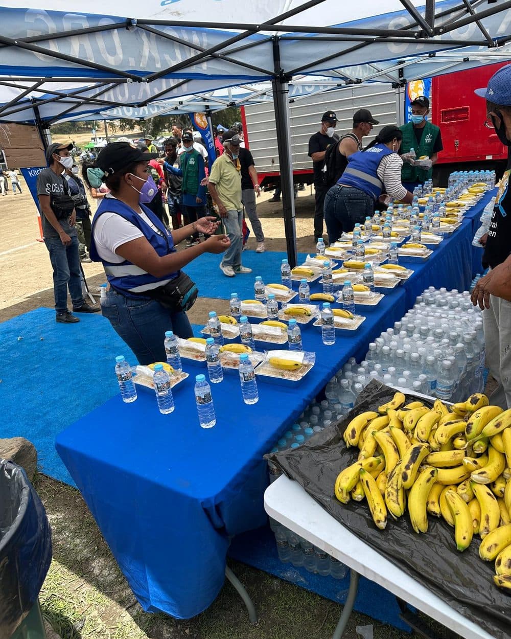 Mesa con comidas, agua y frutas listas para entregar